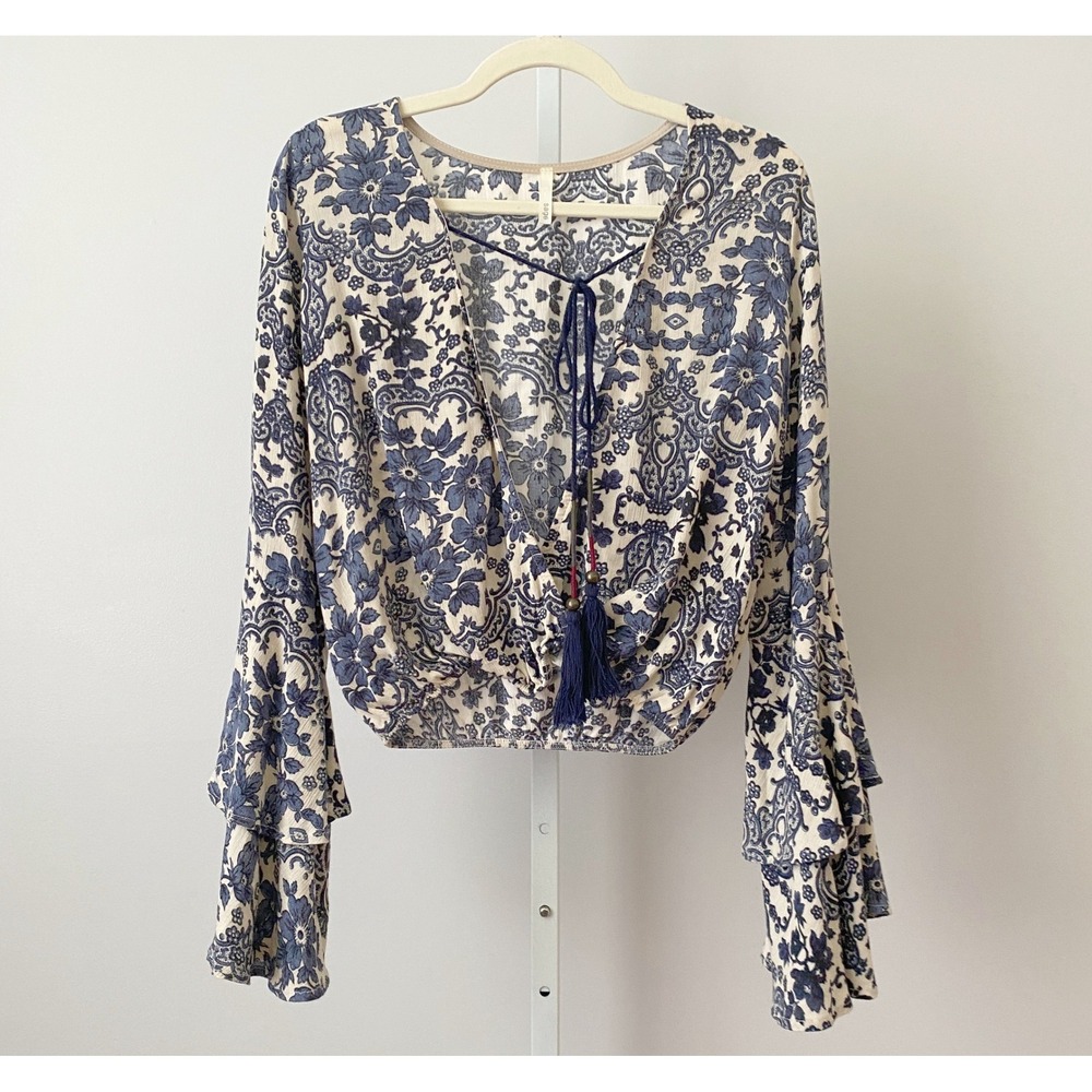 Sage S Blue Floral Crop Top Bell Sleeve Tassel Boho Blouse boho festival coastal